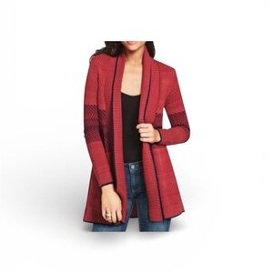 CABI Joy Open Front Cozy Cardigan Sweater Red and Blue. Style 897. Size Medium